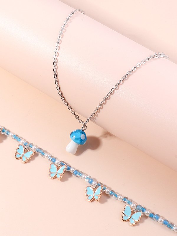2Pcs Boho Style Beaded Butterfly Mushroom Fun Pattern Multilayer Anklet Beach Vacation Jewelry