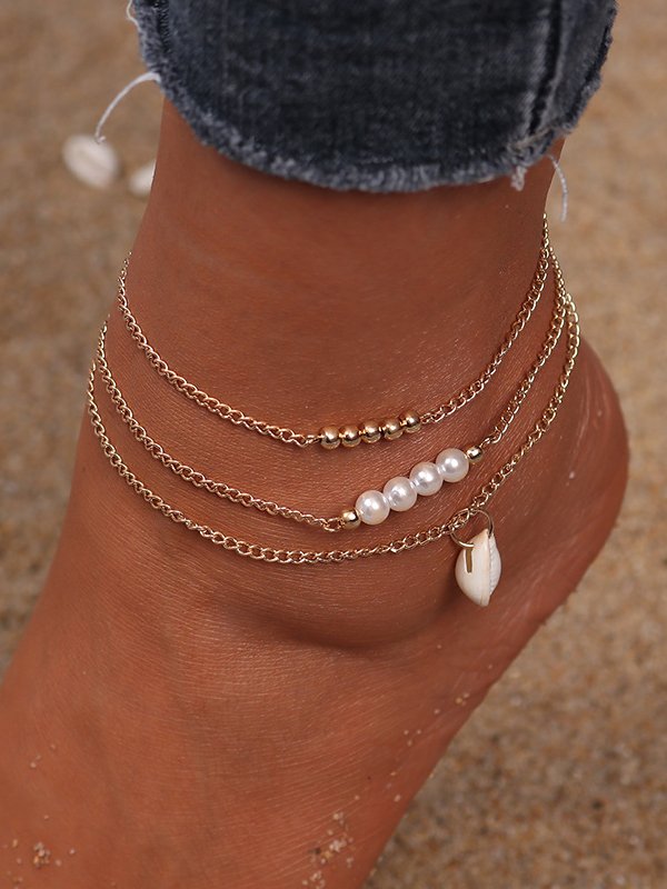 Boho Beaded Pearl Shell Layered Anklet Beach Vacation Jewelry
