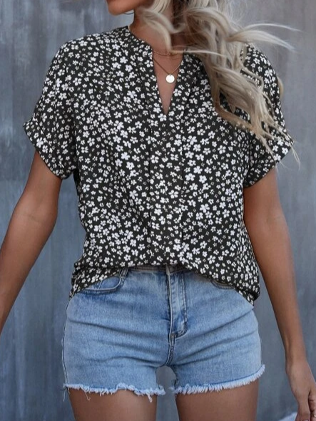V Neck Floral Casual Loose Top
