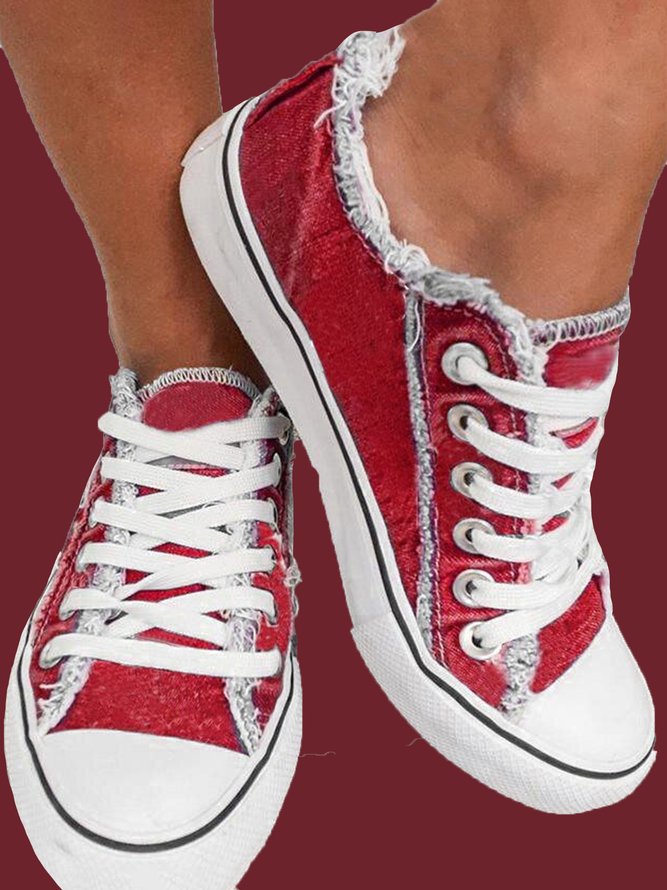 Red Washed Denim Lace-up Canvas Shoes
