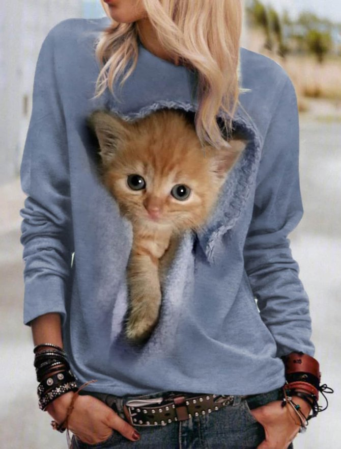 Cat Printing Knitted Casual T-Shirt