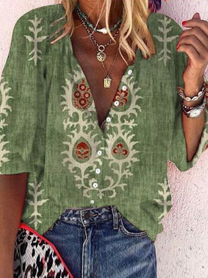 Women's Casual T-Shirt Loose V Neck Ethnic Blouse Green