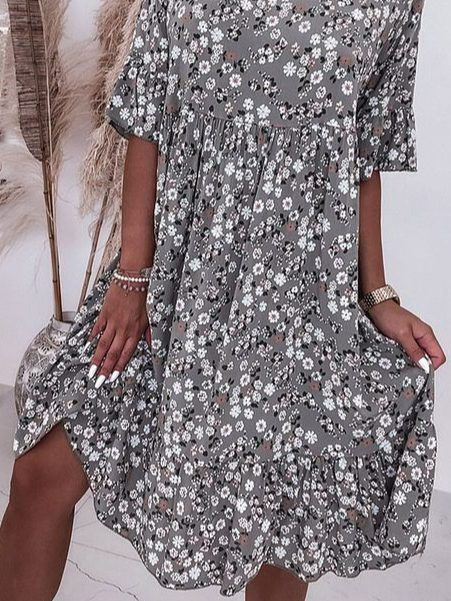 Loose Crew Neck Floral Casual Dress