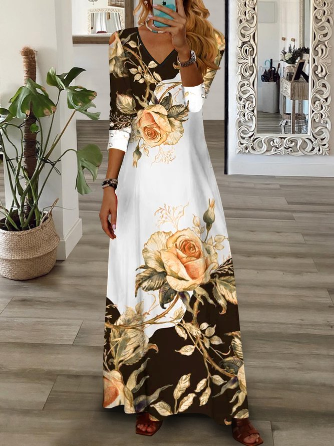 Floral Loose V Neck Casual Striped Maxi Dress