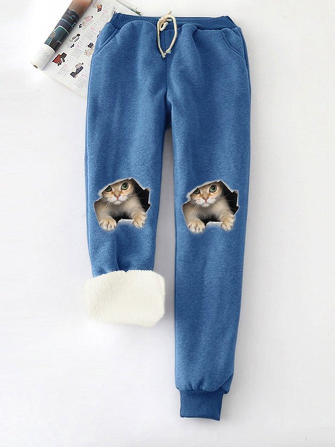 Funny Cat Fleece Elastic Waist Casual Pants