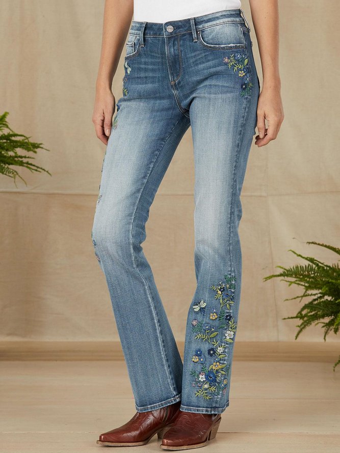 Tight Boho Floral Washing Process Jeans