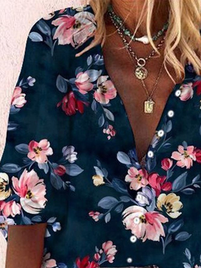 Loose Floral Casual V Neck Top