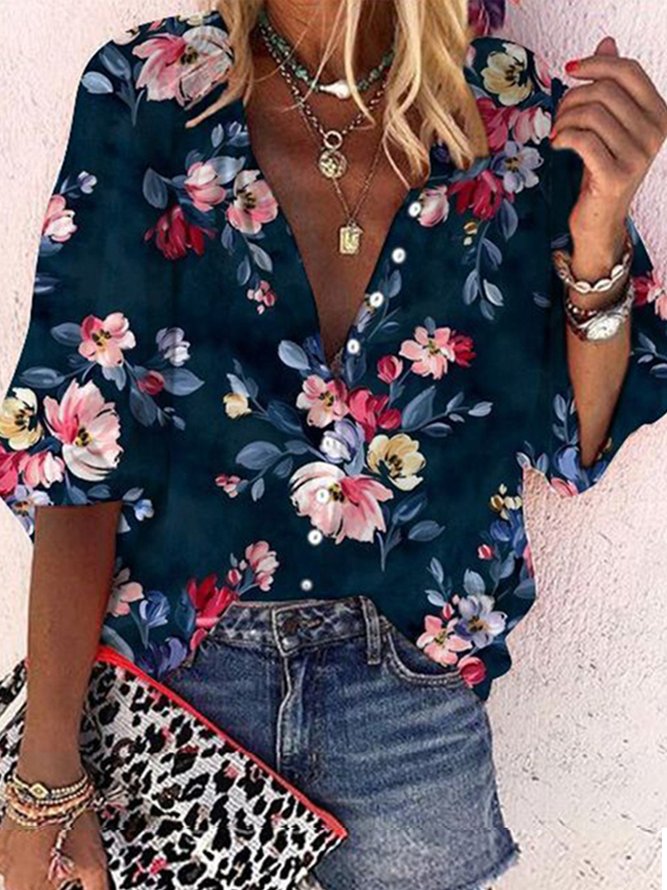 Loose Floral Casual V Neck Top