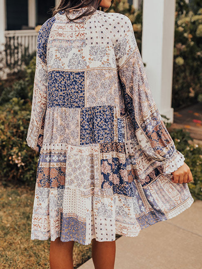 Geometric Casual V Neck Cotton-Blend Dress
