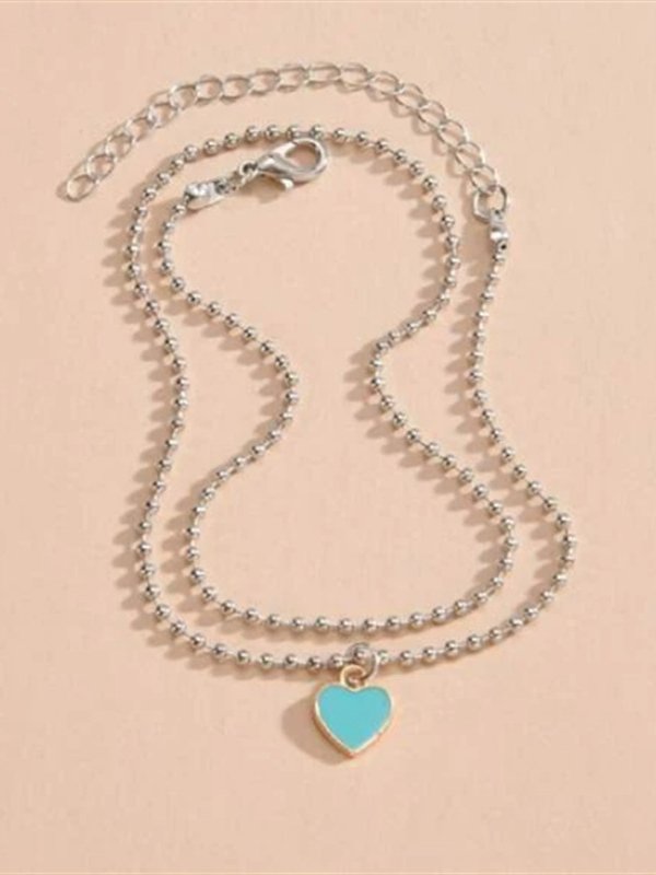 Boho Vacation Teal Heart Pattern Layered Anklet Beach Jewelry