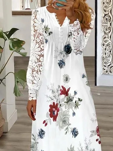 V Neck Floral Lace Sleeve Casual Loose Dress