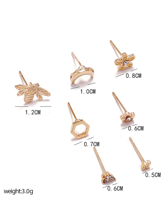 7Pcs Casual Diamond Bee Geometric Flower Pattern Stud Earrings Set Boho Holiday Daily Jewelry