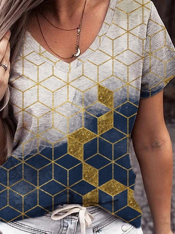 Casual Geometric V Neck Loose T-Shirt