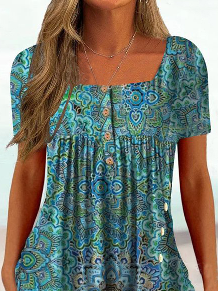 Loose Ethnic Square Neck Casual Top