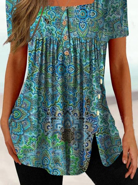 Loose Ethnic Square Neck Casual Top