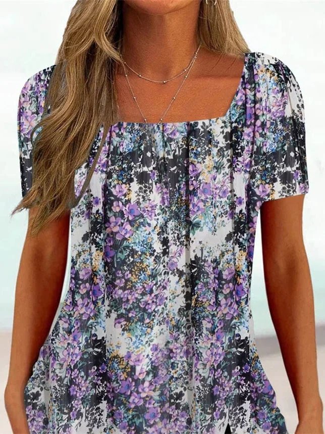 Loose Floral Square Neck Casual Shirt