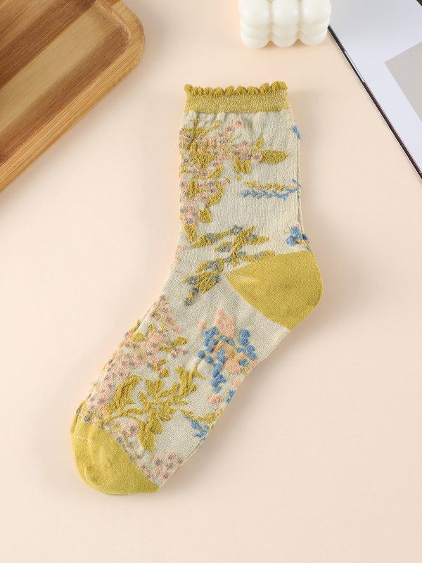 Ethnic Vintage Floral Plant Embroidered Pattern Cotton Socks Daily Accessories