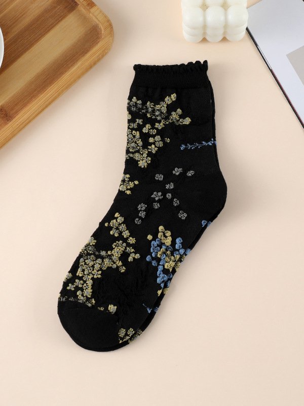 Ethnic Vintage Floral Plant Embroidered Pattern Cotton Socks Daily Accessories
