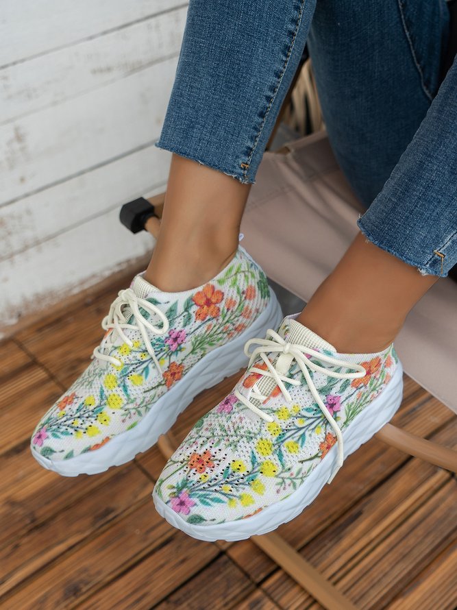 Floral Pattern Lace Up Design Slip-On Flyknit Sneakers