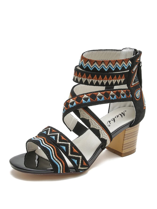 Boho Ethnic Embroidery Back Zip Strappy Sandals