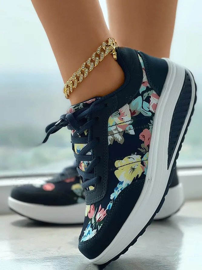 Casual Floral Printing Platform Lace-up Sneakers
