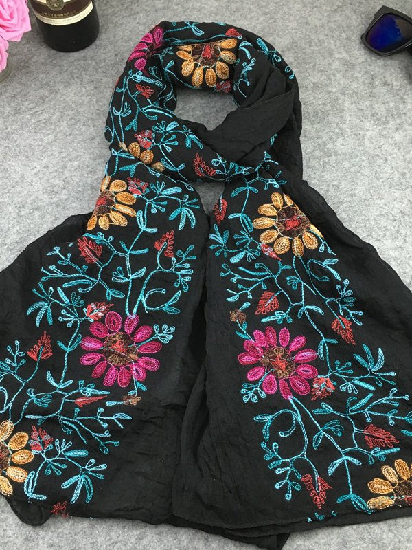 Ethnic Vintage Floral Pattern Linen Scarf Neck Bohemian Casual Accessories