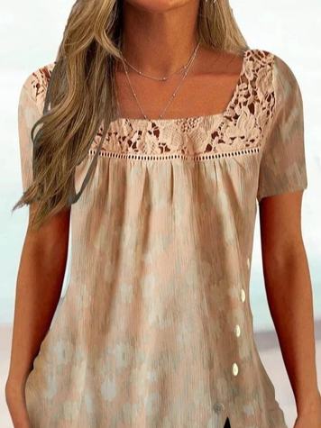 Casual Square Neck Lace Loose Shirt