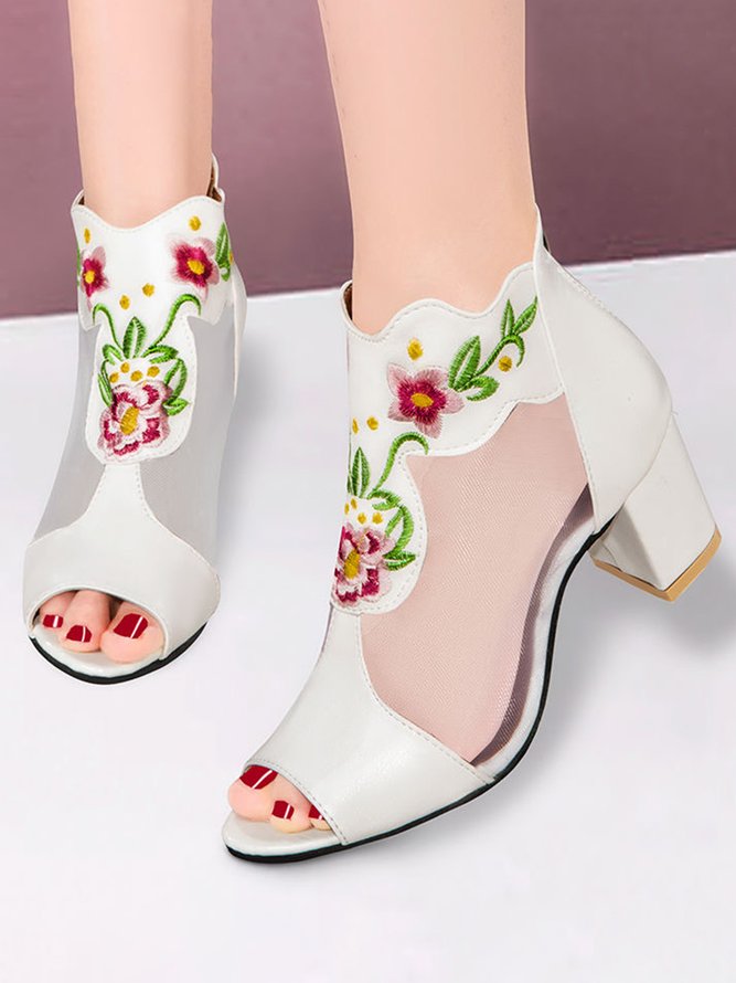 Ethnic Embroidery Mesh Breathable Chunky Heel Sandals