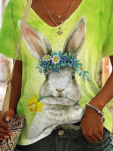 Women's V Neck Easter Rabbit Casual Loose T-Shirt