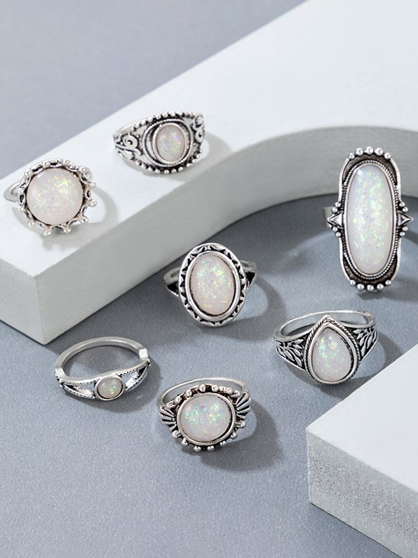 7Pcs Boho Opal Ethnic Pattern Ring Set Daily Holiday Jewelry