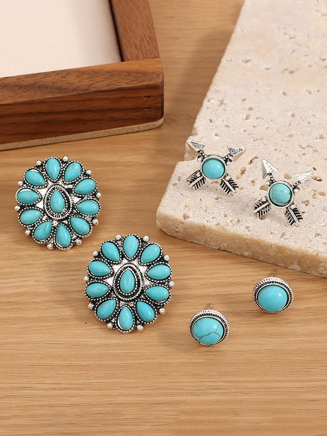 3Pcs Ethnic Style Vintage Natural Turquoise Earring Set Holiday Beach Daily Jewelry
