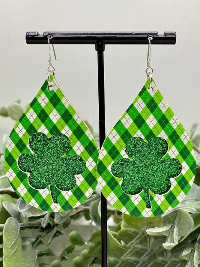 Clover Plaid Leather Earrings Holiday Party Jewelry Irish Festival