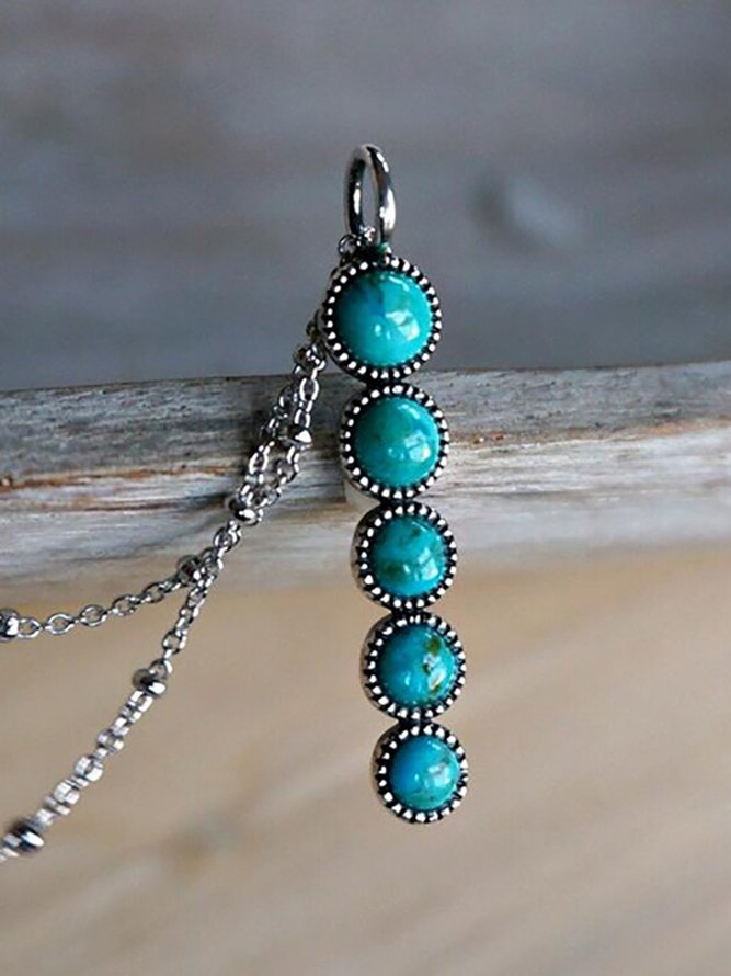 Ethnic Natural Turquoise Geometric Pattern Pendant Necklace Vintage Jewelry