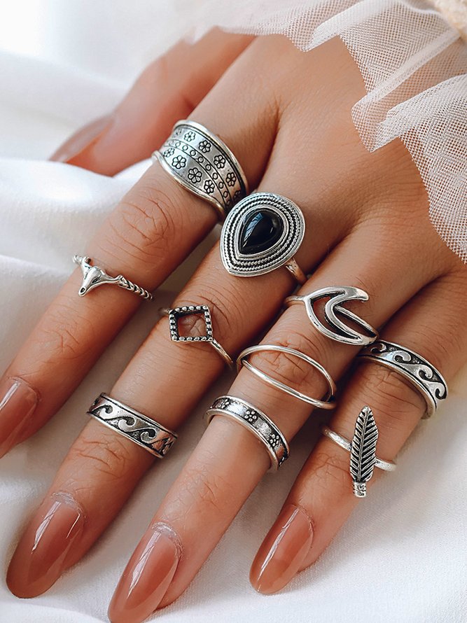 10Pcs Boho Style Silver Feather Floral Pattern Ring Set Beach Vacation Daily Jewelry