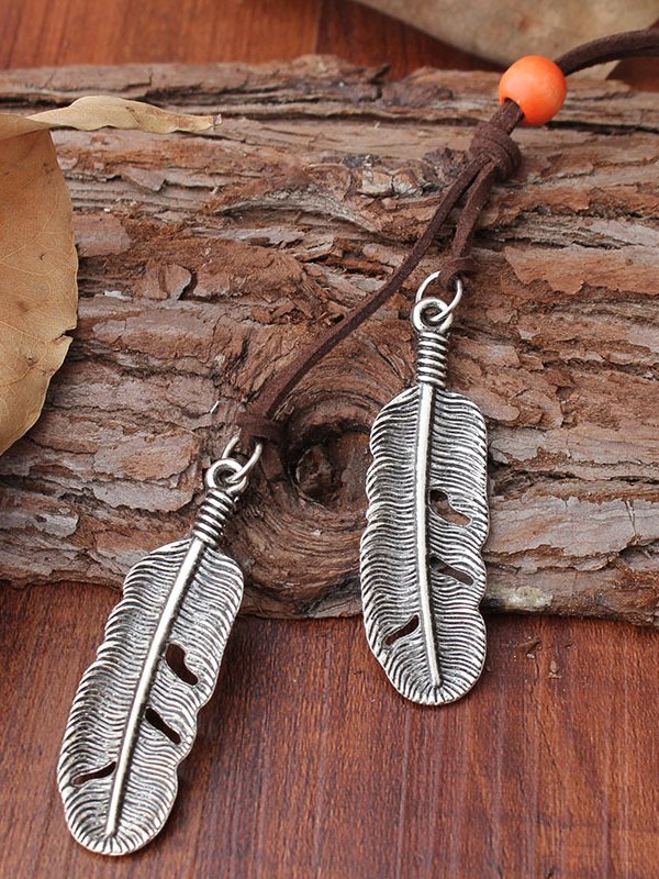 Ethnic Feather Pattern Pendant Leather Necklace Vintage Western Jewelry