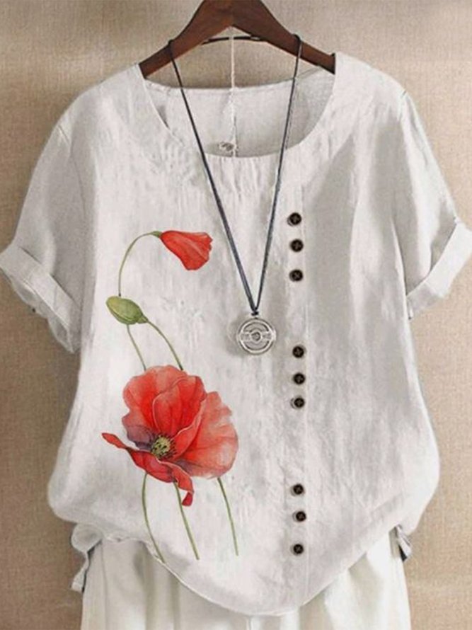 Crew Neck Floral Casual Cotton Buttoned Shirt