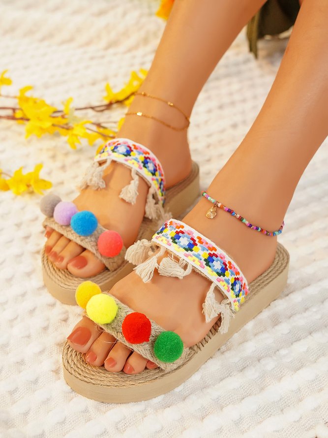 Bohemian Colored Fur Balls Tassels Ethnic Weaving And Embroidery Holiday Sandals