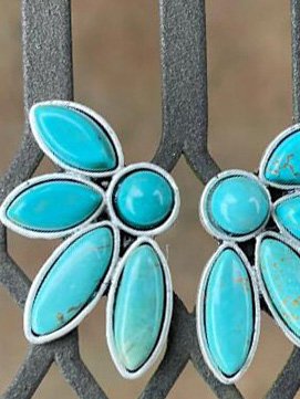 Vintage Silver Natural Turquoise Stud Earrings Ethnic Dress Women's Jewelry