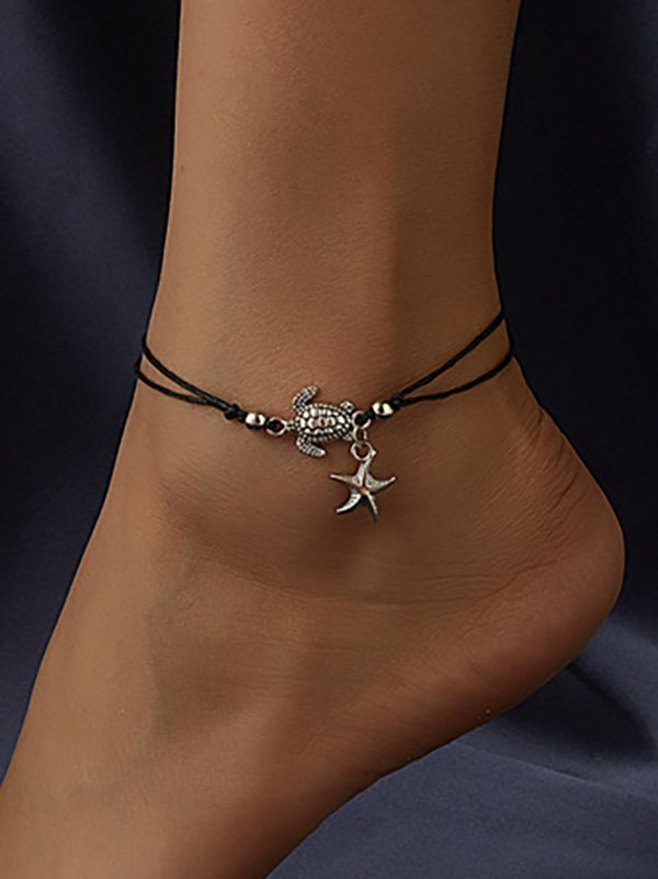Boho Turtle Starfish Pattern Leather Rope Anklet Beach Vacation Dress Jewelry