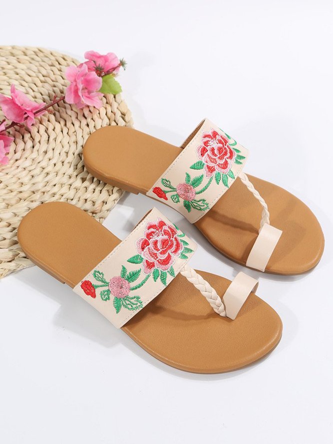 Ethnicb Floral Embroidery Toe Ring Slide Sandals