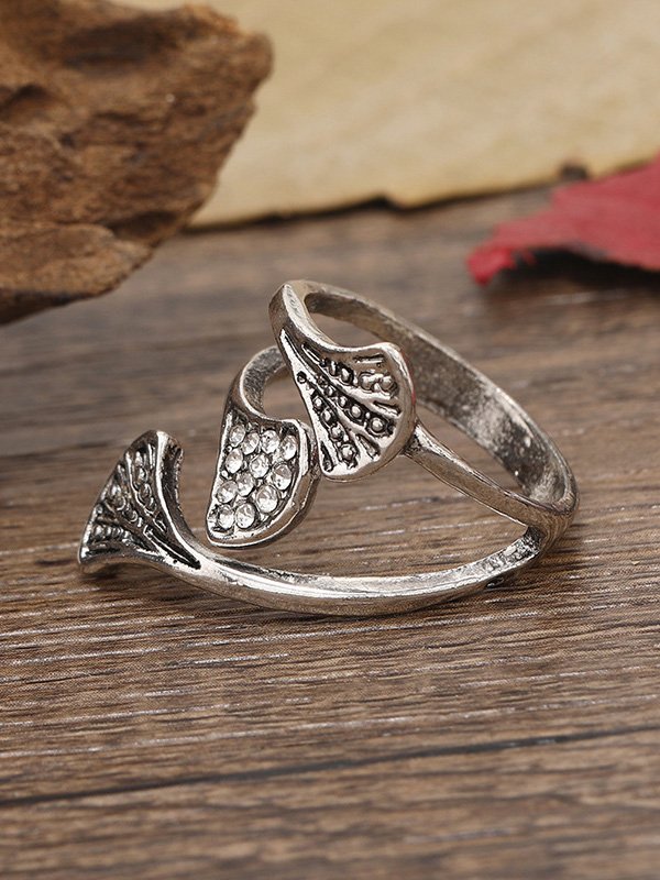 Casual Silver Botanical Floral Diamond Open Ring Vintage Women's Jewelry
