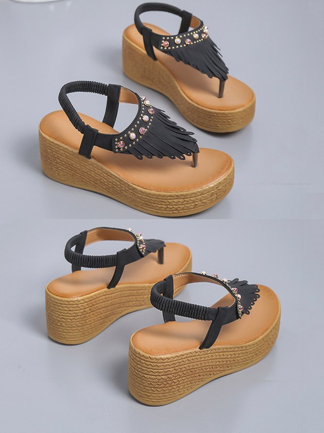 Beaded Decor Fringe Flip-flops Platform Sandals