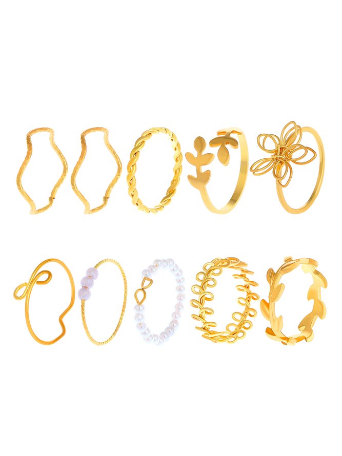 10Pcs Gold Line Floral Design Ring Set Women Holiday Daily Jewelry