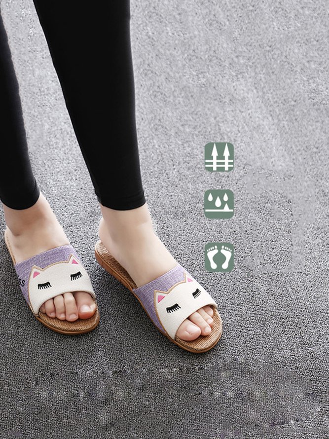 Women's Cartoon Embroidery Cat Household Slippers