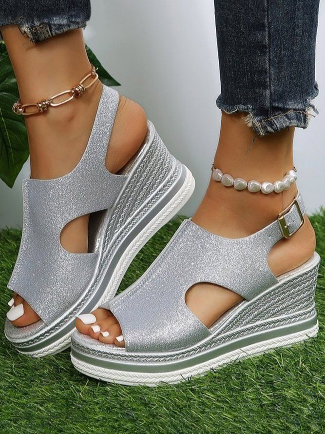 Glitter Cutout Wedge Platform Sandals