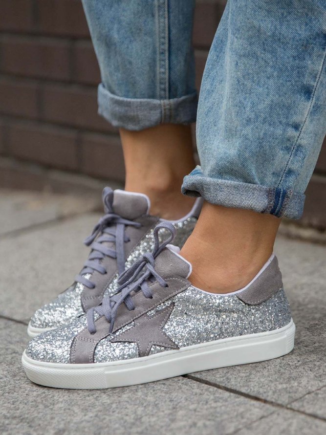 Casual Star Pattern Split Joint Lace-Up Glitter Skate Shoes
