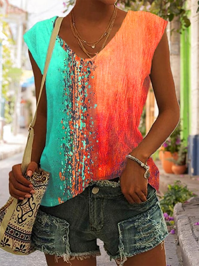 Ombre Tank Top for Women Color Block Casual Regular Fit Sleeveless Multicolor Blue Green