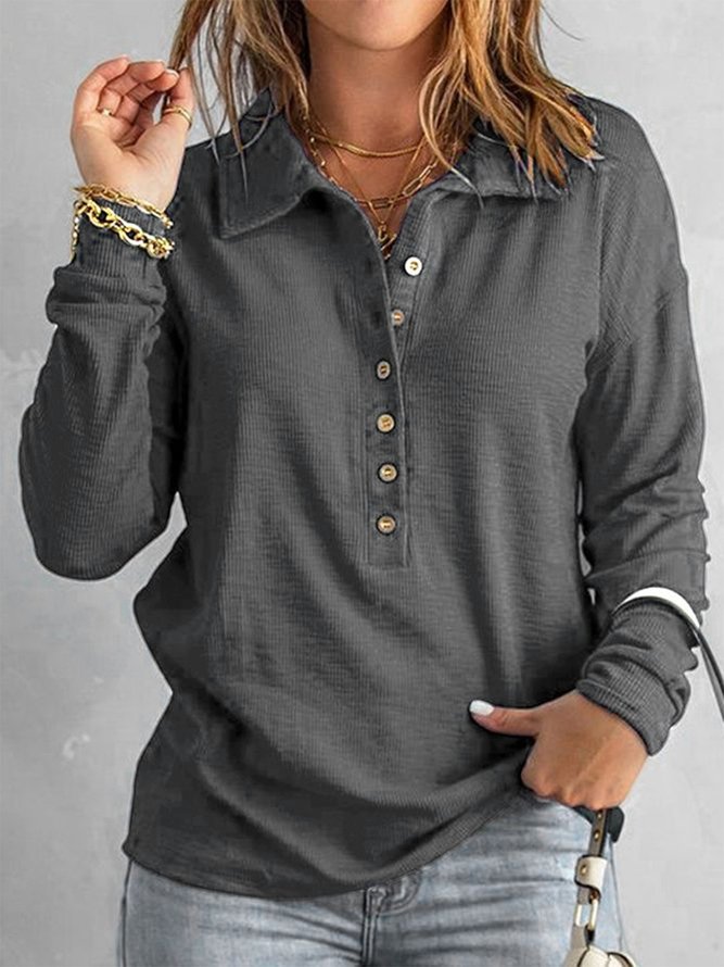 Women's Navy Button Front Long Sleeve Henley T-Shirt