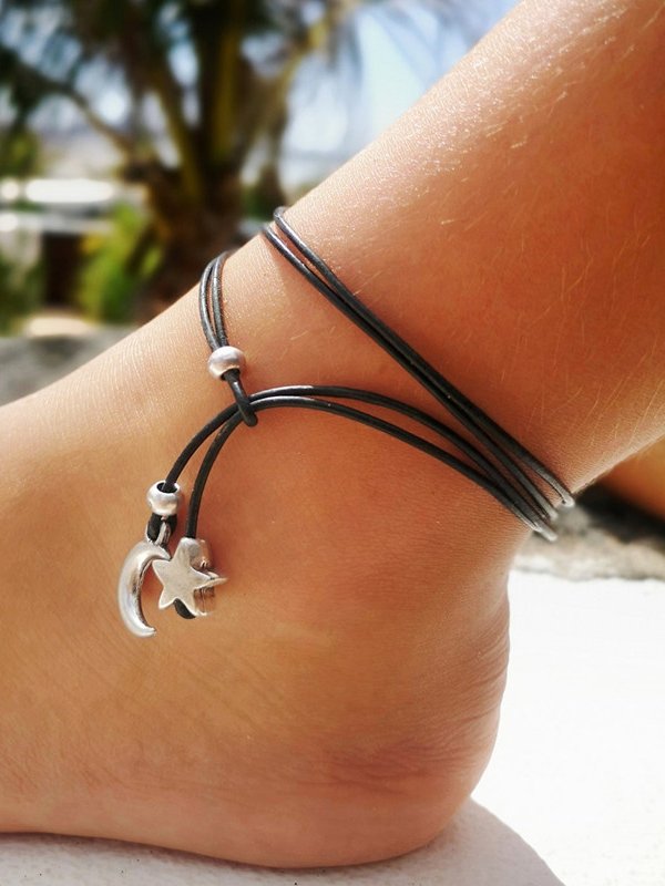Boho Star Moon Pattern Leather Rope Anklet Beach Holiday Women Jewelry