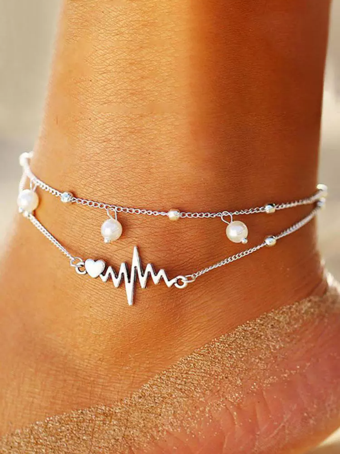 Boho Silver Pearl Line Layered Anklet Vacation Beach Jewelry